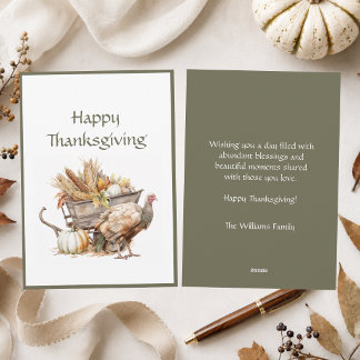 Sage Green Brown Turkey Harvest Happy Thanksgiving Holiday Card