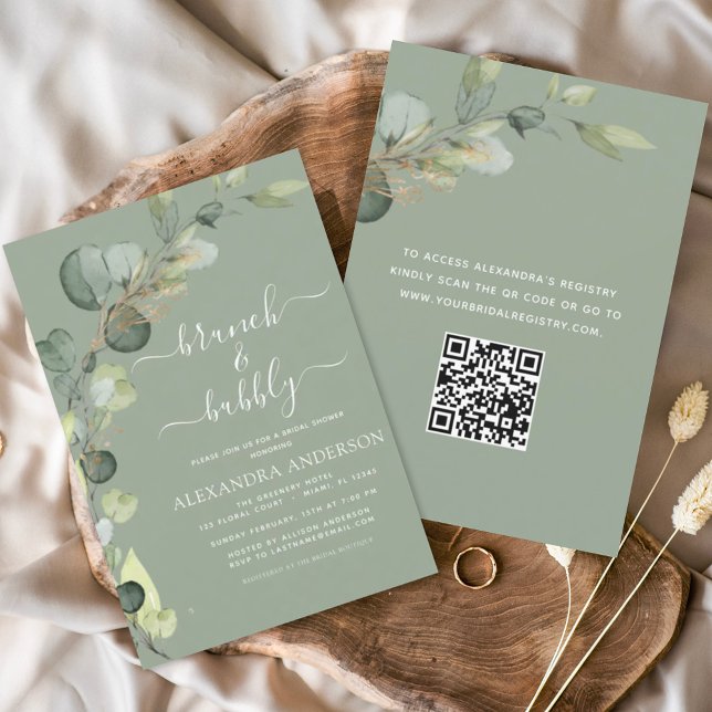 Sage Green Brunch & Bubbly QR Code Invitation (Creator Uploaded)
