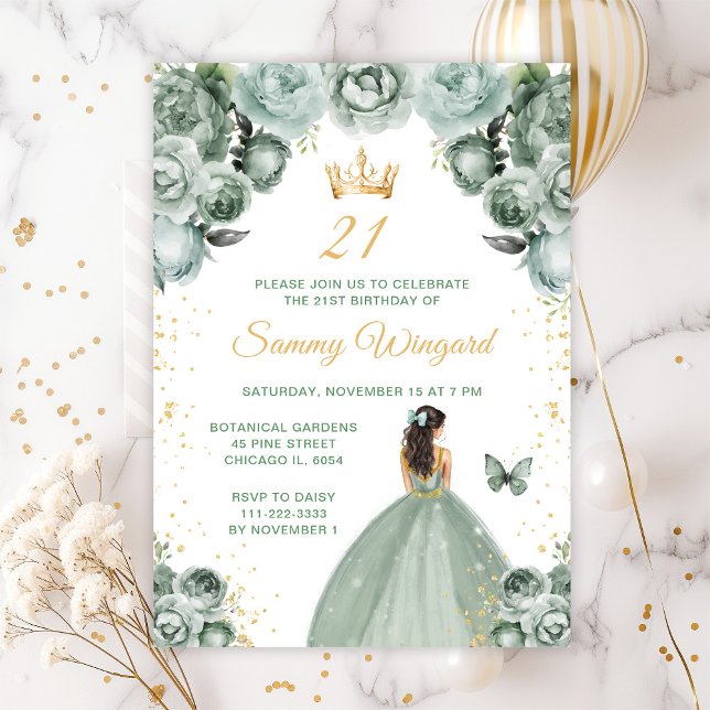 Sage Green Brunette Hair Princess Birthday Party Invitation (Creator Uploaded)