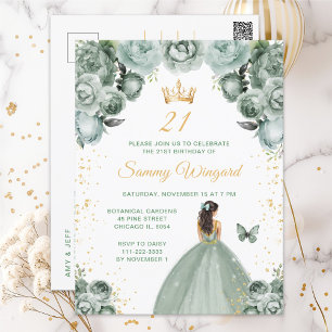 Sage Green Brunette Hair Princess Birthday Party Postcard