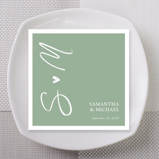Sage Green Brush Script Monogram Wedding Napkin (Sage green brush script monogram wedding napkins with names and date)