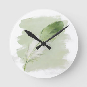 Sage Green Brushstroke Feather Elegant Modern Round Clock