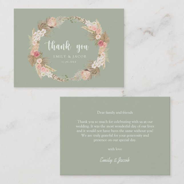 Sage Green Budget wedding Boho wreath thank you Card (Front/Back)
