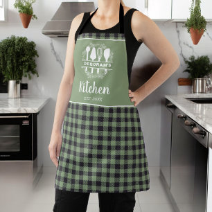 Sage Green Buffalo Plaid Kitchen Name Apron