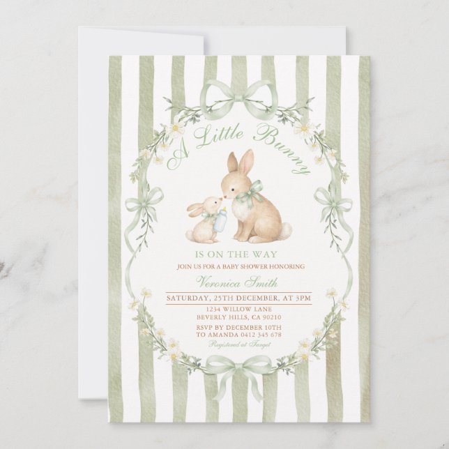 Sage Green Bunny Baby Shower Boy Girl Invitation (Front)