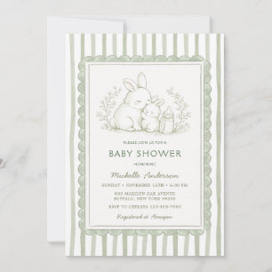 Sage Green Bunny Baby Shower Stripe Invitation