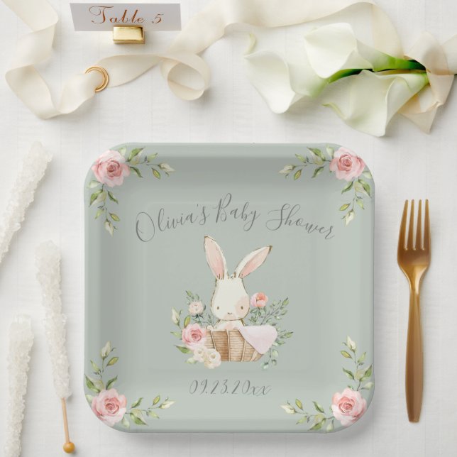 Sage Green Bunny Rabbit Baby Shower Paper Plate (Wedding)