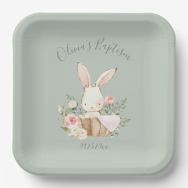 Sage Green Bunny Rabbit Girl Baby Baptism Paper Plate (Front)