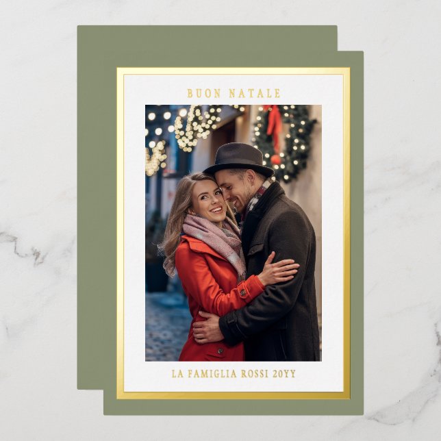 Sage Green Buon Natale Simple Modern Photo Foil Holiday Card (Front/Back)