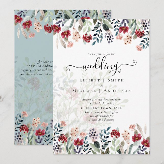 Sage Green Burgundy Blue Floral Wedding Invitation (Front/Back)