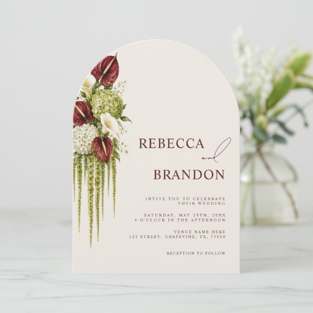 Sage Green & Burgundy Floral QR Code Arch Wedding Invitation (Standing Front)