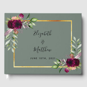 Sage Green Burgundy florals wedding Guest Book