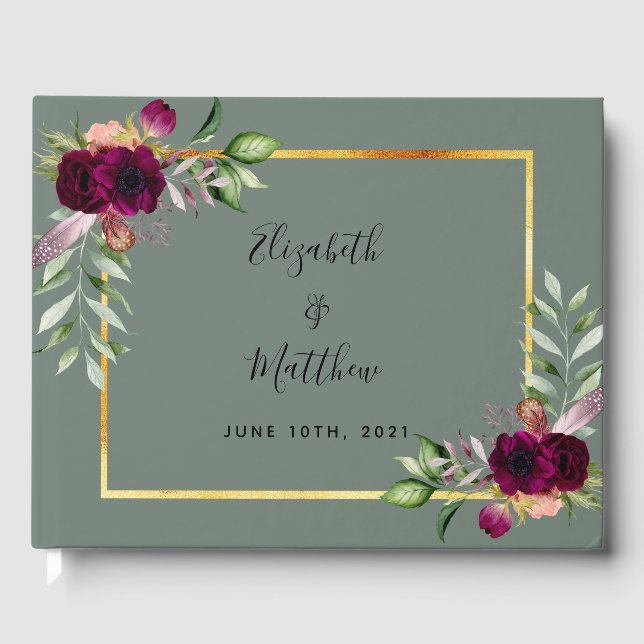 Sage Green Burgundy florals wedding Guest Book (Front)