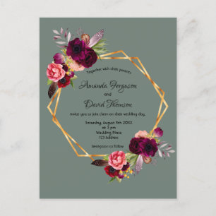 Sage green burgundy florals wedding invitation postcard