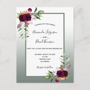 Sage green burgundy florals wedding invitation postcard