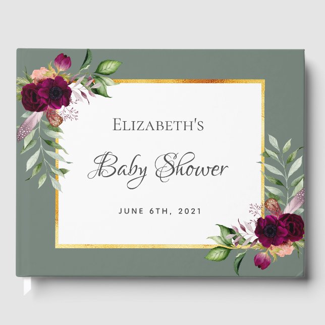 Sage Green Burgundy flowes Baby Shower Guest Book (Front)