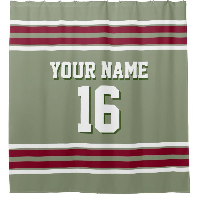 Sage Green Burgundy White Stripes Sports Jersey Shower Curtain (Front)