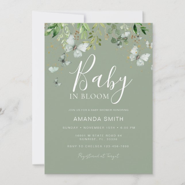 Sage Green Butterfly Baby in Bloom Baby Shower Invitation (Front)