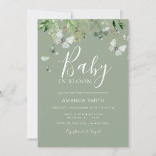 Sage Green Butterfly Baby in Bloom Baby Shower Invitation