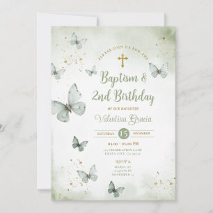 Sage Green Butterfly Girl 3rd Birthday Baptism Invitation
