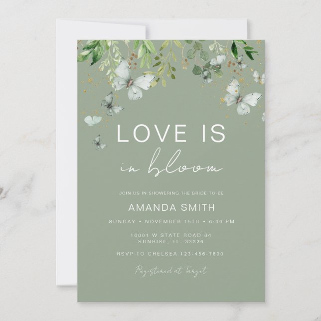 Sage Green Butterfly Loves in Bloom Bridal Shower Invitation (Front)