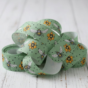 Sage Green Buzzing Bees & Cosmos Flower Blooms Grosgrain Ribbon