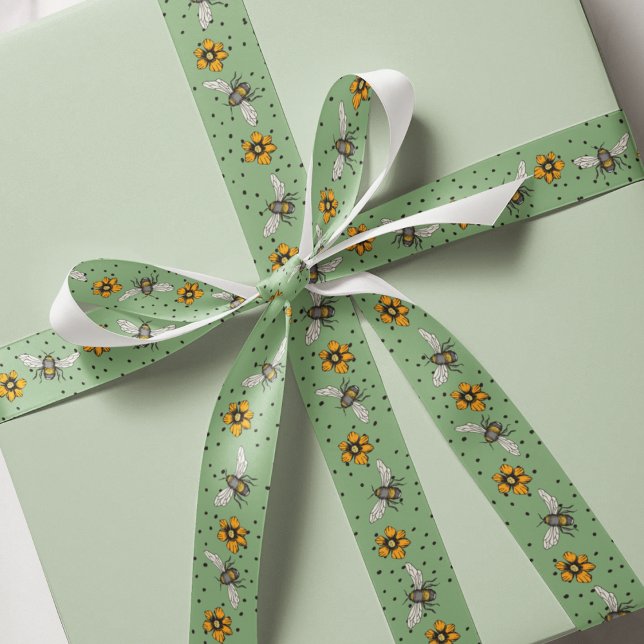 Sage Green Buzzing Bees & Cosmos Flower Blooms Grosgrain Ribbon (Elegant Bees, Flowers & Dots Pattern Ribbon in Green. Hand Drawn Cute Honeybees and Spring Flowers.)
