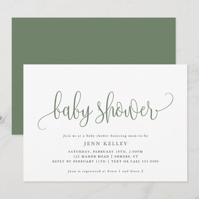Sage Green Calligraphy Baby Shower Invitation (Front/Back)