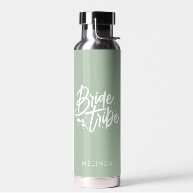 Sage Green Calligraphy Bride Tribe Bachelorette Water Bottle (Left)