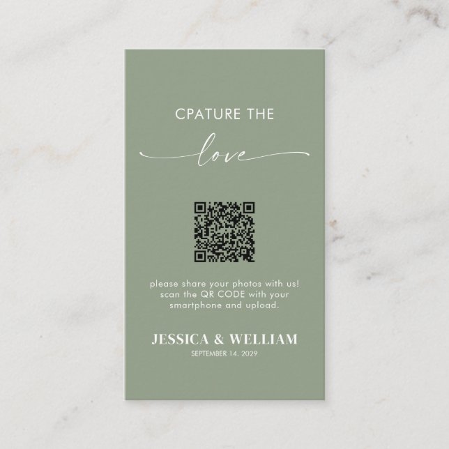 Sage Green Calligraphy Capture the love QR Code Enclosure Card (Front)