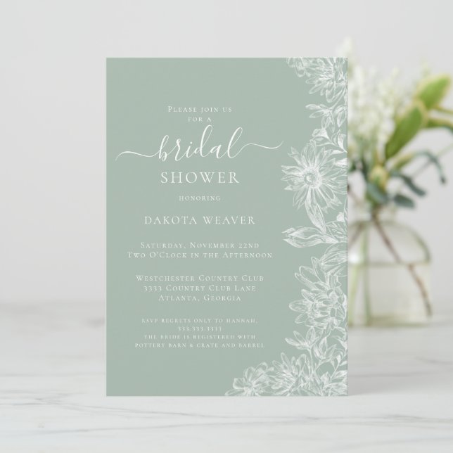 Sage Green Calligraphy Floral Bridal Shower Invitation (Standing Front)