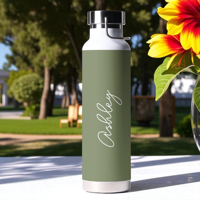 Sage Green Calligraphy Handwriting Name Water Bottle (Creator Uploaded)