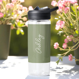 Sage Green Calligraphy Handwriting Name  Water Bottle