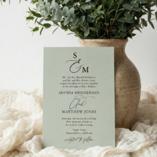 Sage Green Calligraphy Monogram Formal Wedding Invitation