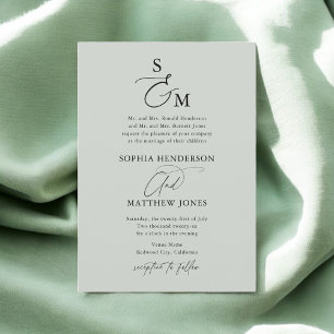 Sage Green Calligraphy Monogram Formal Wedding Invitation