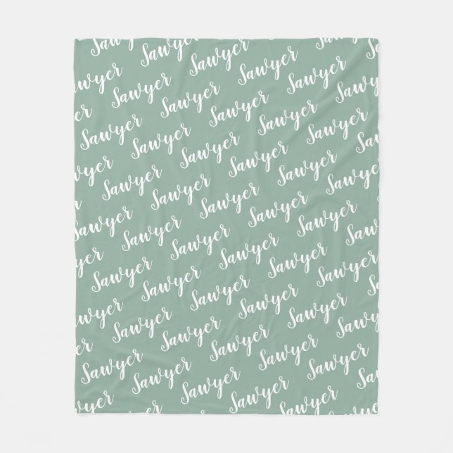 Sage Green Calligraphy Personalised Repeat Name Fleece Blanket (Front)
