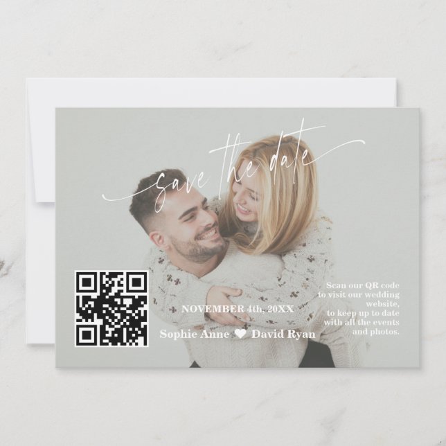 Sage Green Calligraphy QR Code Photo Wedding   Save The Date (Front)