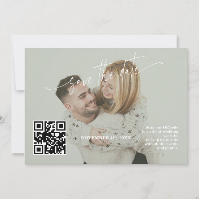 Sage Green Calligraphy QR Code Photo Wedding Save The Date (Front)