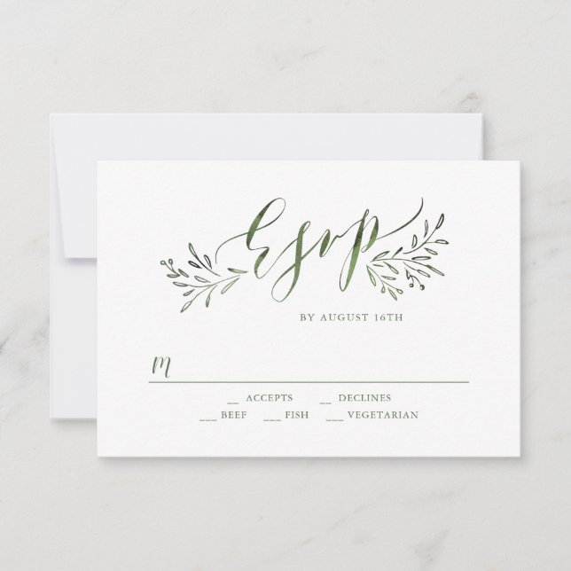 Sage green calligraphy rustic floral wedding RSVP Card (Front)
