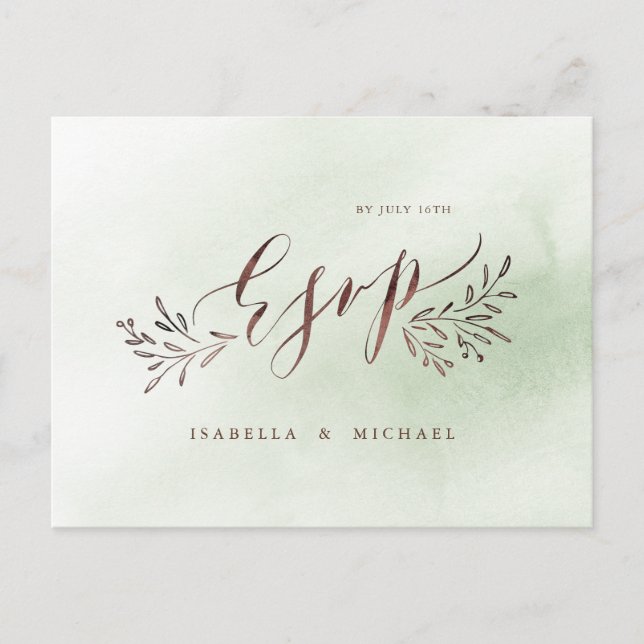 Sage green calligraphy rustic floral wedding RSVP Invitation Postcard (Front)