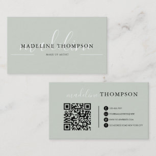 Sage Green Calligraphy Script QR code Business Card