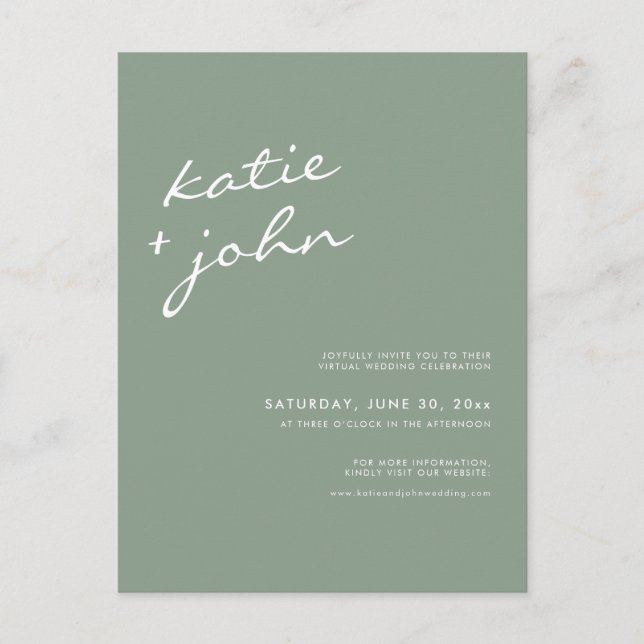 Sage Green Calligraphy Virtual Wedding Invitation Postcard (Front)