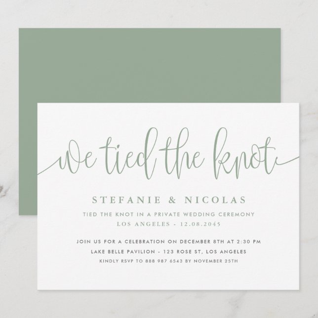 Sage Green Calligraphy We Tied The Knot Wedding Invitation (Front/Back)
