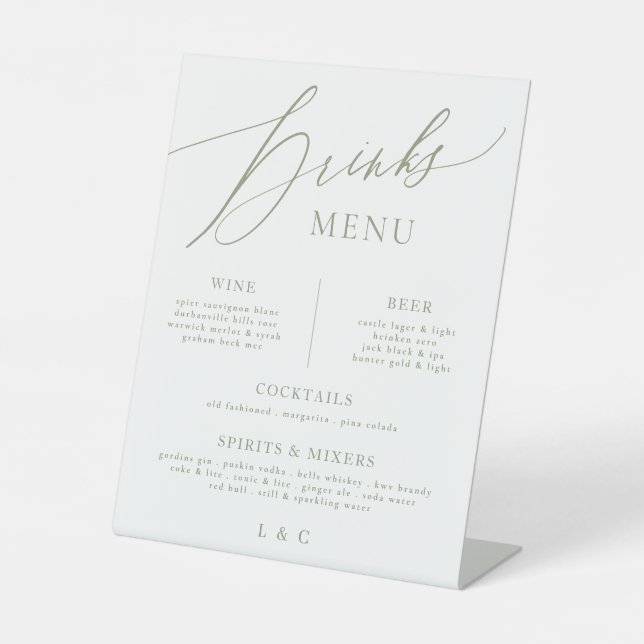 Sage Green Calligraphy Wedding Bar Drink Menu Pedestal Sign (Front)