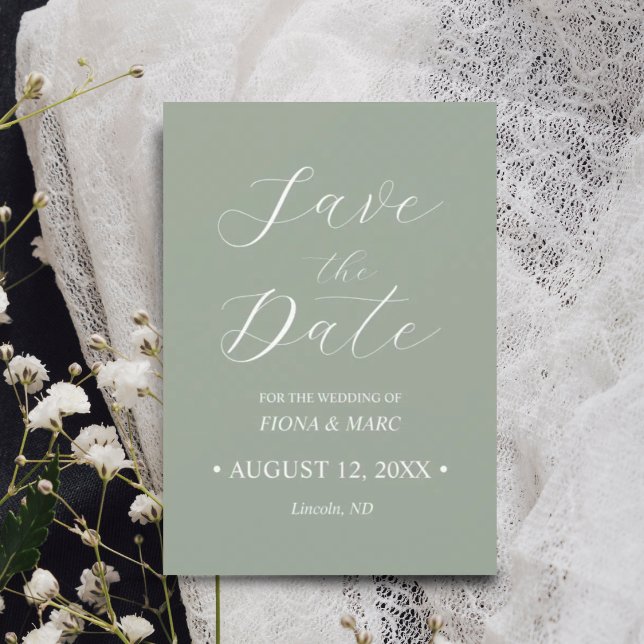 Sage green calligraphy wedding save the date card (Creator Uploaded)
