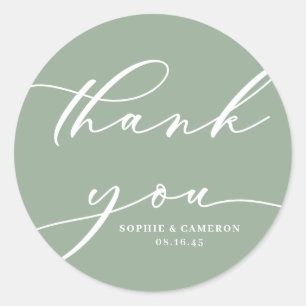 Sage Green Calligraphy Wedding Thank You Classic Round Sticker
