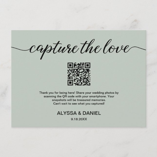 Sage Green Capture the love QR code wedding photo Enclosure Card (Front)