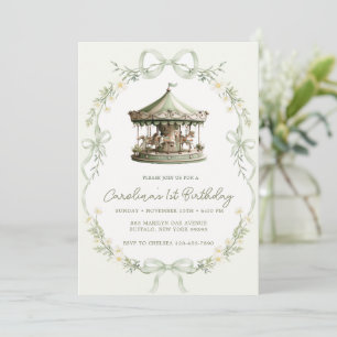 Sage Green Carousel Merry-go-round Birthday Invitation