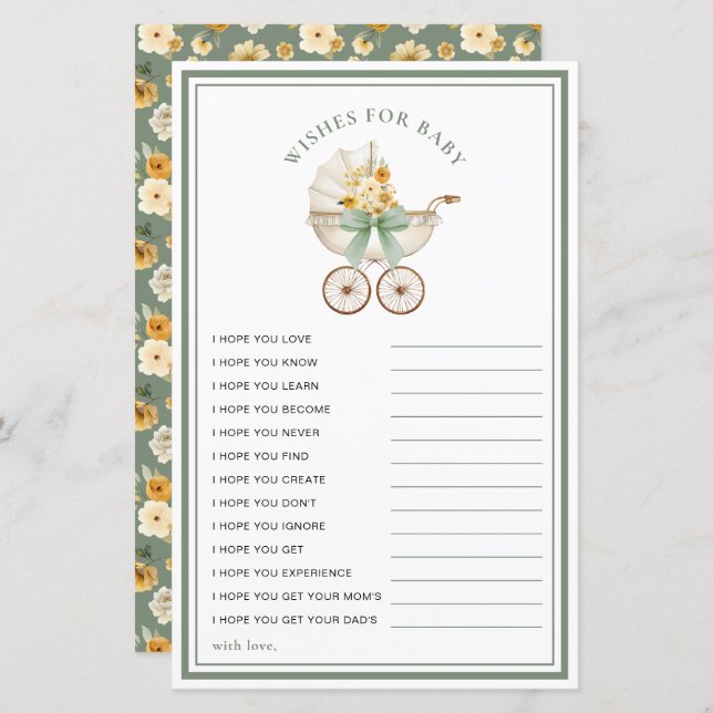 Sage Green Carriage Wishes for Baby Card (Front/Back)
