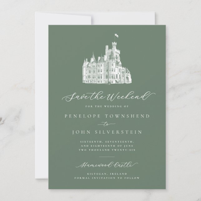 Sage Green Castle Illustration Weekend Wedding  Save The Date (Front)